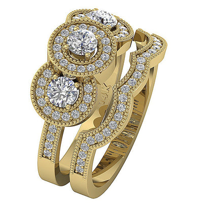 Gold Halo Three Stone Wedding Ring Sets For Women SI1 G 1.20 Ct Genuine Diamond