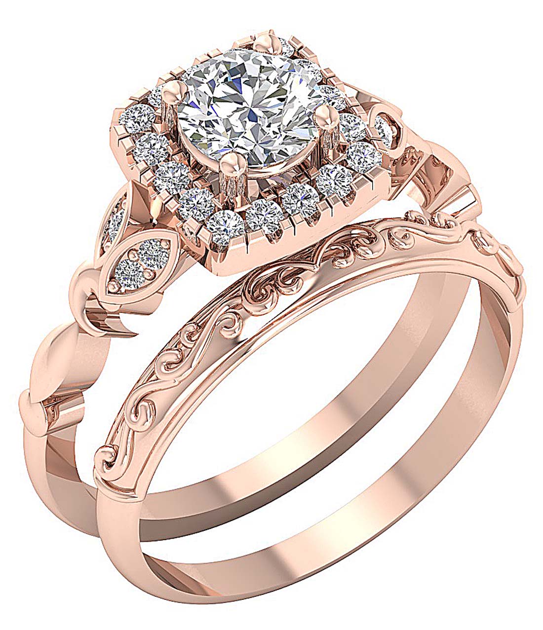 Square Halo Round Cut Wedding Band Set I1 G 1.20 Carat 14K Yellow Gold
