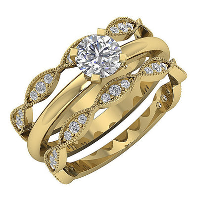 3 Piece Wedding Ring Sets SI1 G 1.35Ct Genuine Diamond 14K Gold 7.55MM