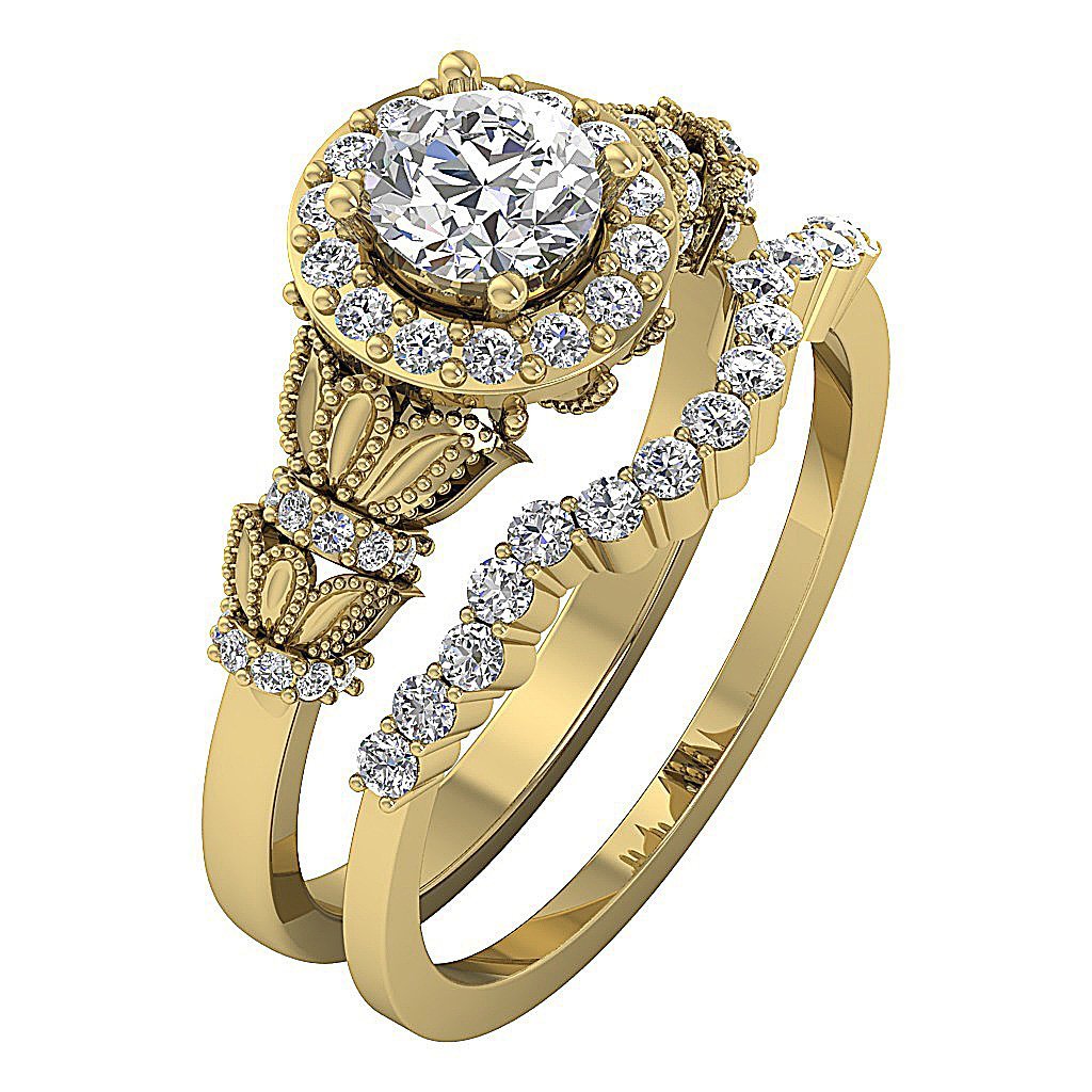 Flower Shaped Milgrain Halo Wedding Rings Bridal Set I1 G 1.30 Carat Natural Diamond