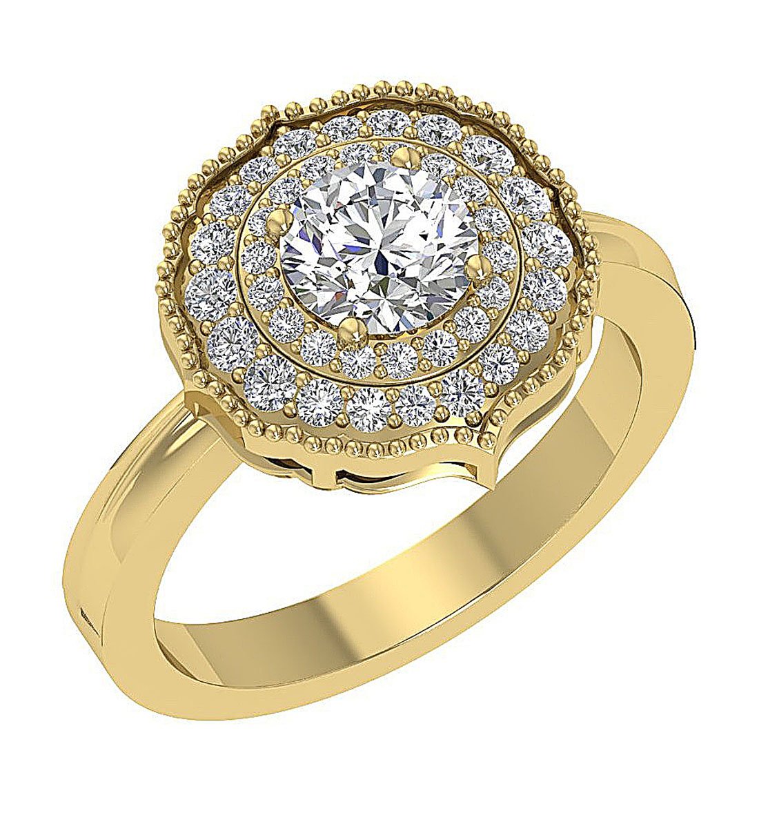 Prong Set Double Halo Solitaire Engagement Ring Natural Diamond I1 G 1.60 Ct 14k Yellow Gold