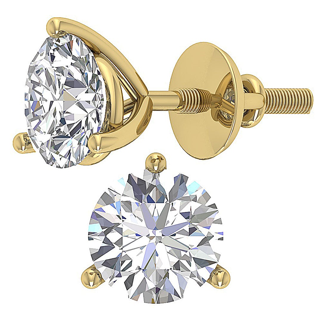 Lab Grown Diamond Solitaire Stud Earring Martini Prong Set 14k Yellow Gold