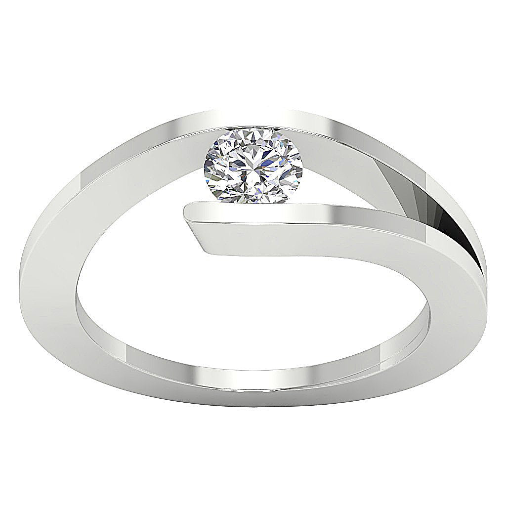 Modern bypass tension set solitaire diamond ring in 14k white gold.