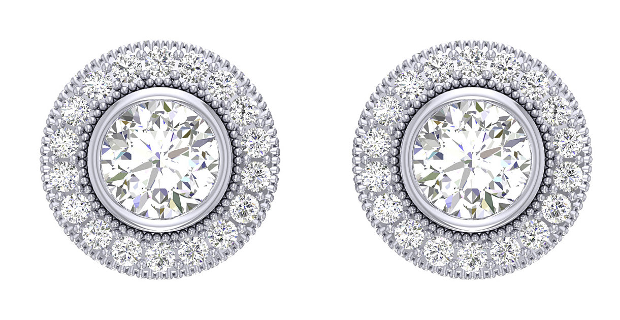 Round Cut Diamond Halo Cluster Stud Earrings Yellow Gold SI1 G 1.85 Carat