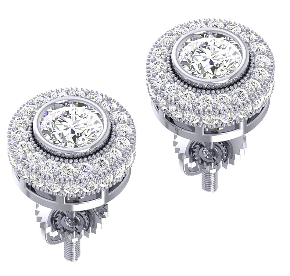 Round Cut Diamond Halo Cluster Stud Earrings Yellow Gold SI1 G 1.85 Carat