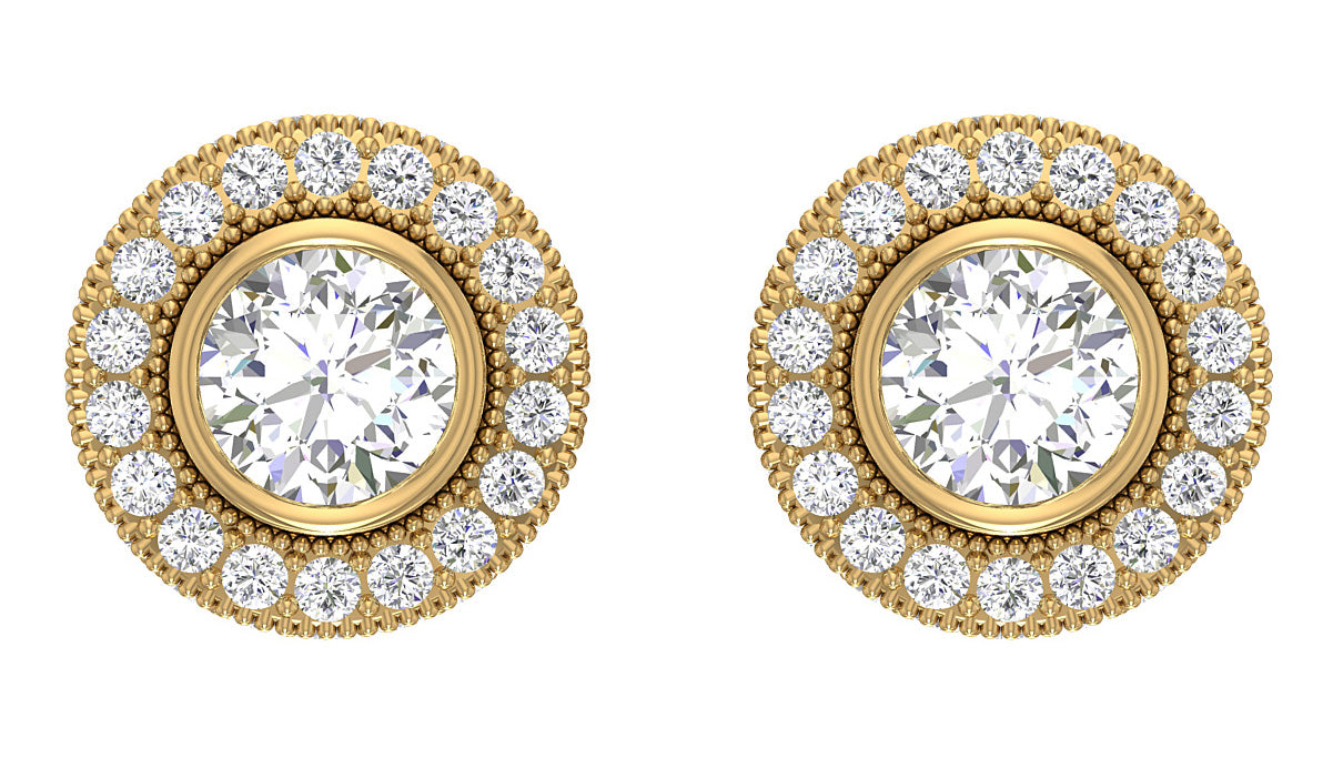 Round Cut Diamond Halo Cluster Stud Earrings Yellow Gold SI1 G 1.85 Carat