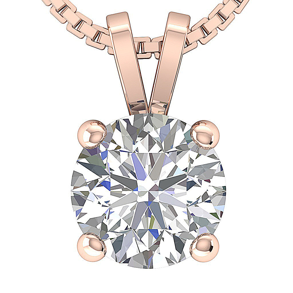 Close-up of 3-4 CT Round Diamond Pendant in Rose Gold 4-Prong Setting.
