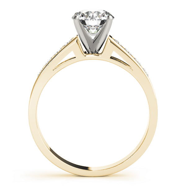 Side profile view of yellow gold cathedral ring setting with lab grown diamond