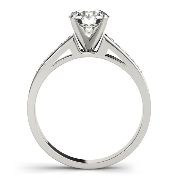 Side angle profile of white gold lab grown diamond cathedral engagement ring
