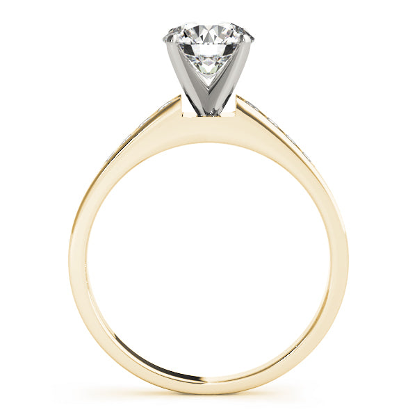 Side profile view of yellow gold slim cathedral ring setting showcasing the lab grown center diamond