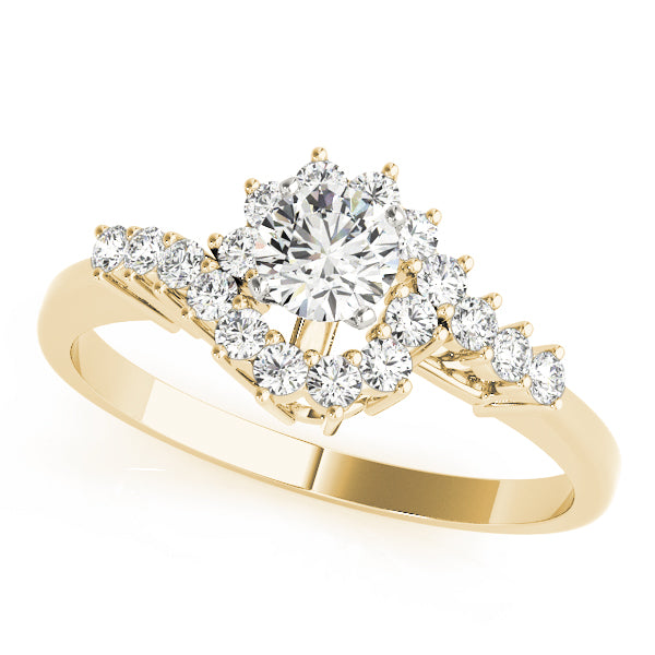 Front view of a round cut lab grown diamond unique curved cluster engagement ring in 14K yellow gold.