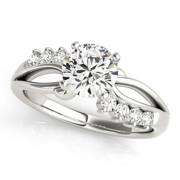 Front view of an eco-friendly round diamond flowing silhouette statement ring in 14K white gold.