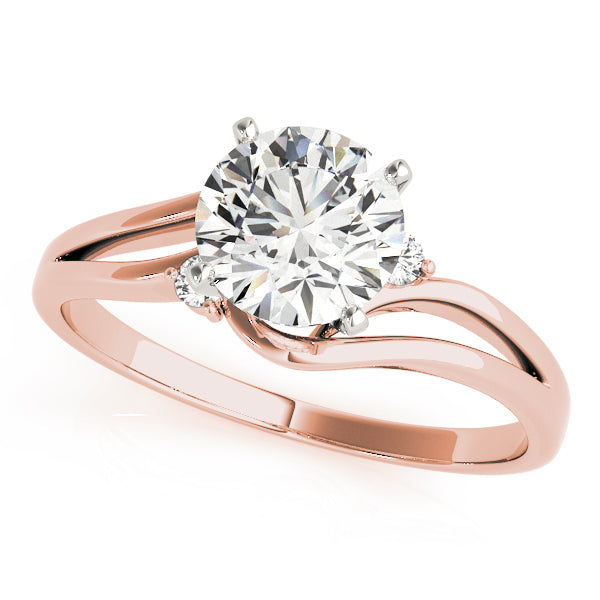 Front view of a brilliant round lab created diamond wave ring with two side accents in 14K rose gold.