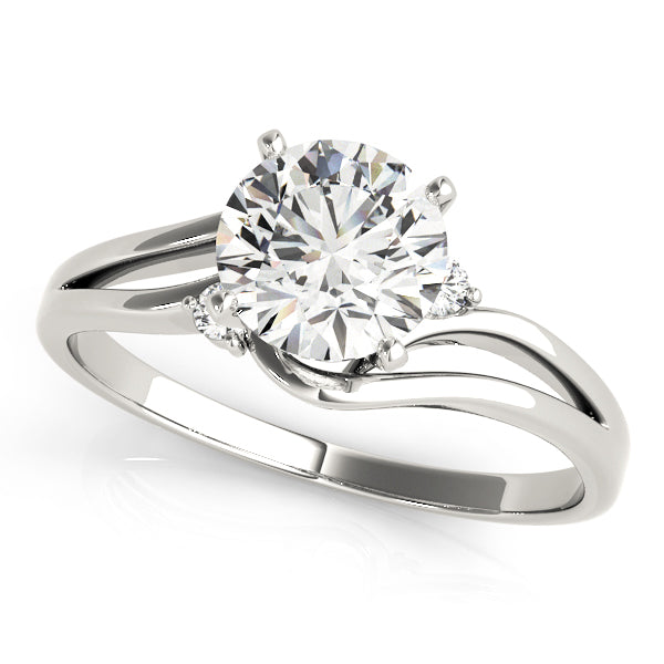 Front view of round diamond flowing silhouette solitaire ring in 14K white gold.