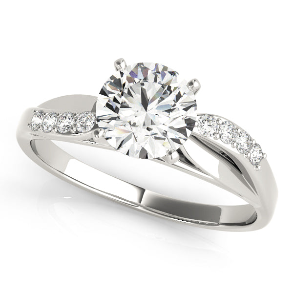 round diamond split shank solitaire ring in 14K white gold.