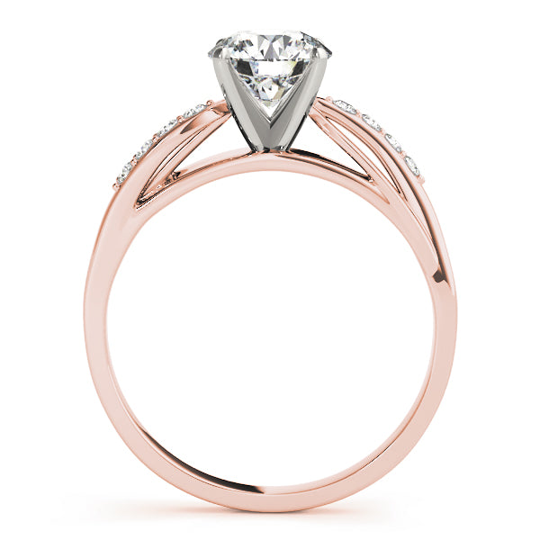 Side profile view highlighting the elegant bridge and intertwined shank structure under the center stone in 14K rose gold.