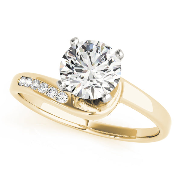 Front view of a round cut lab grown diamond bypass swirl engagement ring in 14K yellow gold.