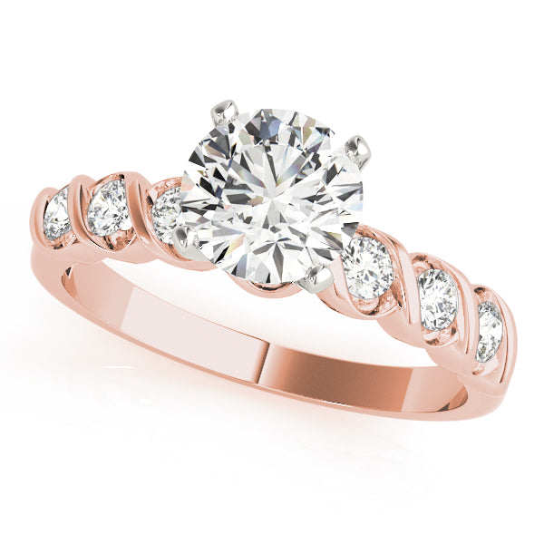Rose gold round lab grown diamond ring, angled view.