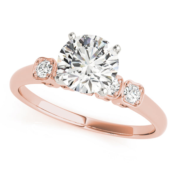 Rose gold round lab diamond ring with vintage side accents.