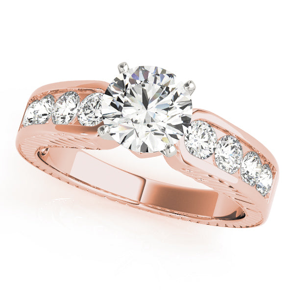 Rose gold round lab diamond ring with channel-set band.