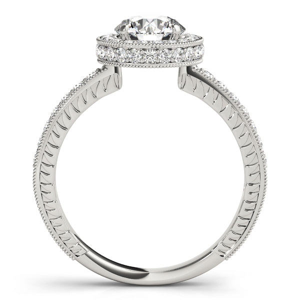 Side view of white gold 14K vintage lab diamond halo ring.