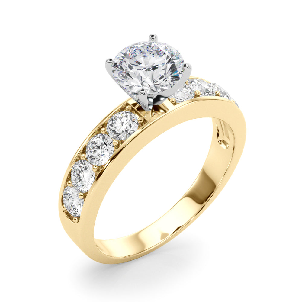 Side angle view of a yellow gold round diamond engagement ring