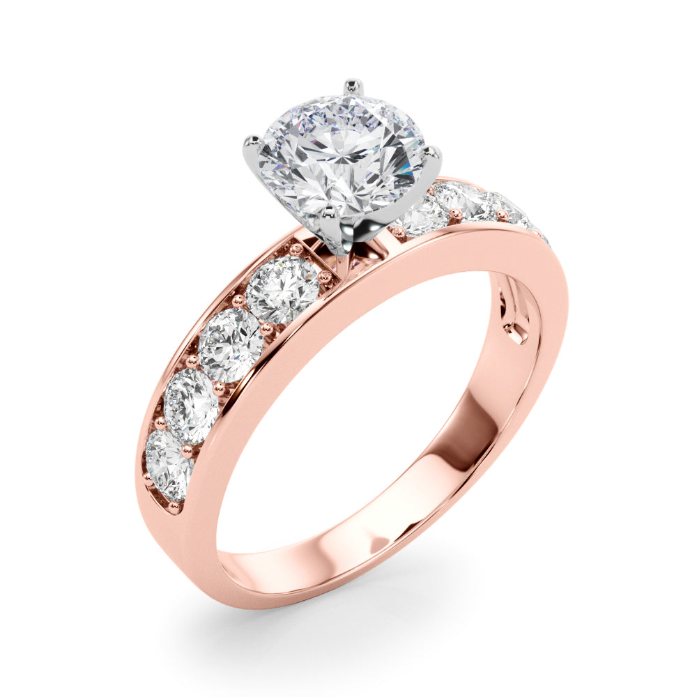 Side angle shot of a rose gold round diamond ring displaying the secure prong setting and side accent stones.
