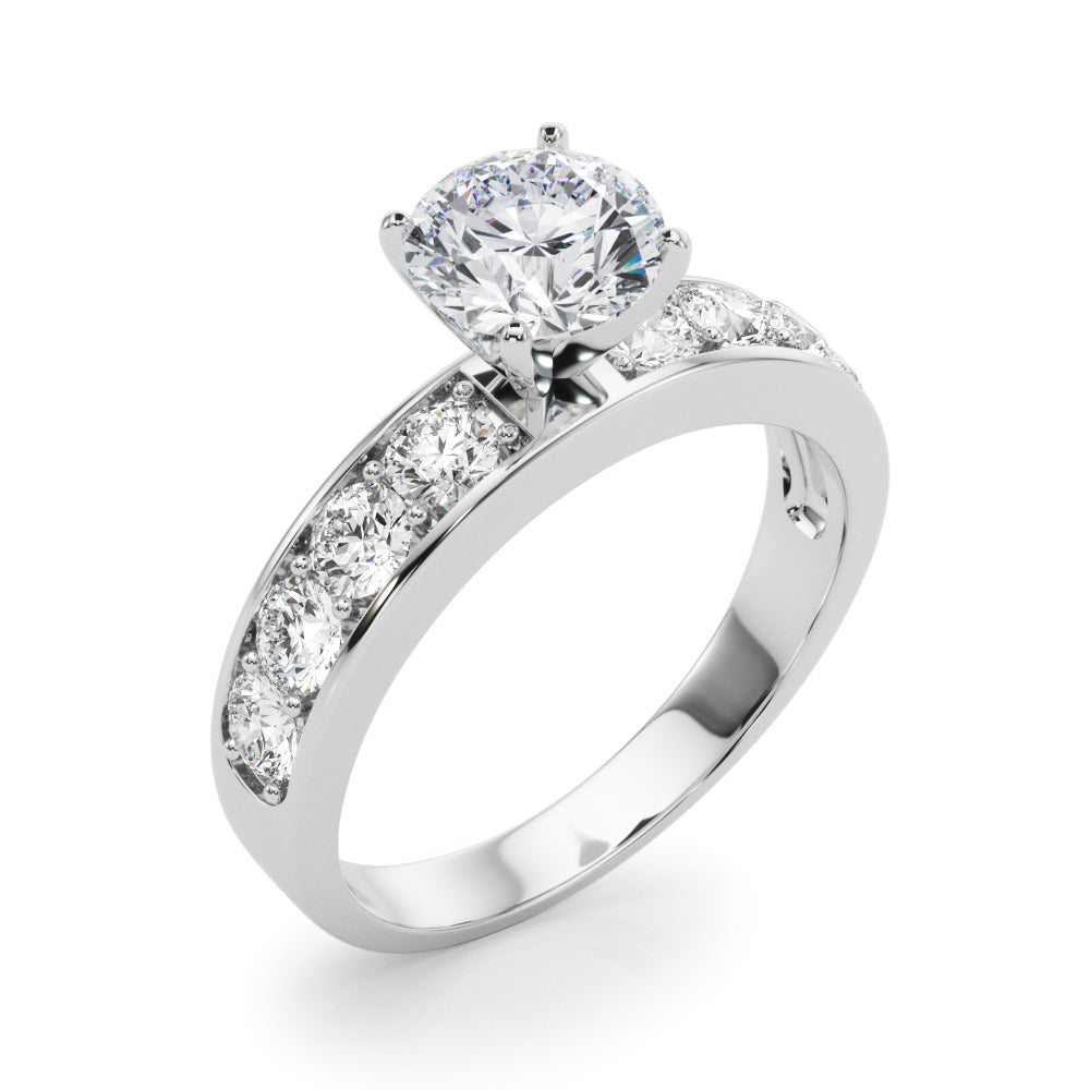 High-resolution side angle view of a white gold round diamond engagement ring