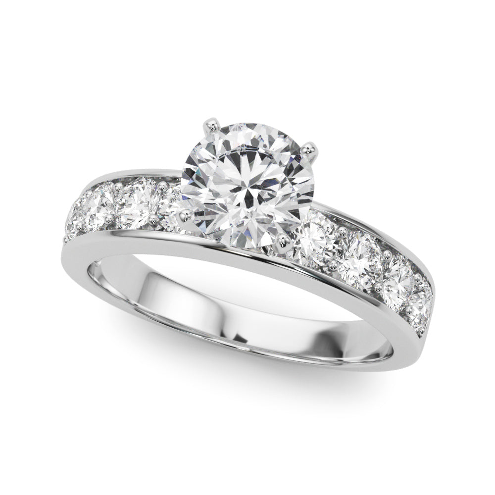 Top view of a classic round diamond engagement ring in white gold