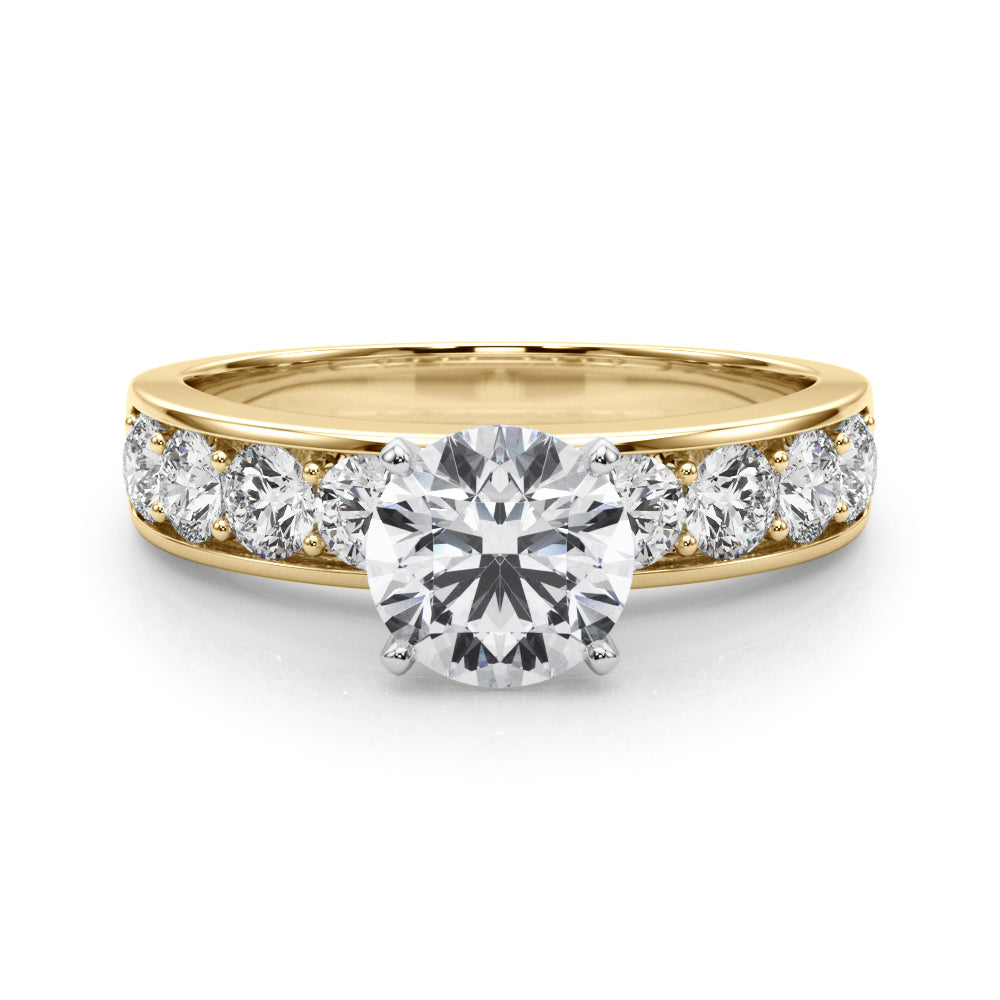 round diamond center stone held securely by classic prongs