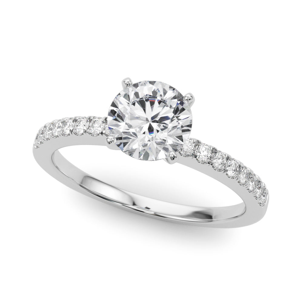 Top perspective view of a stunning white gold engagement ring featuring a round center diamond