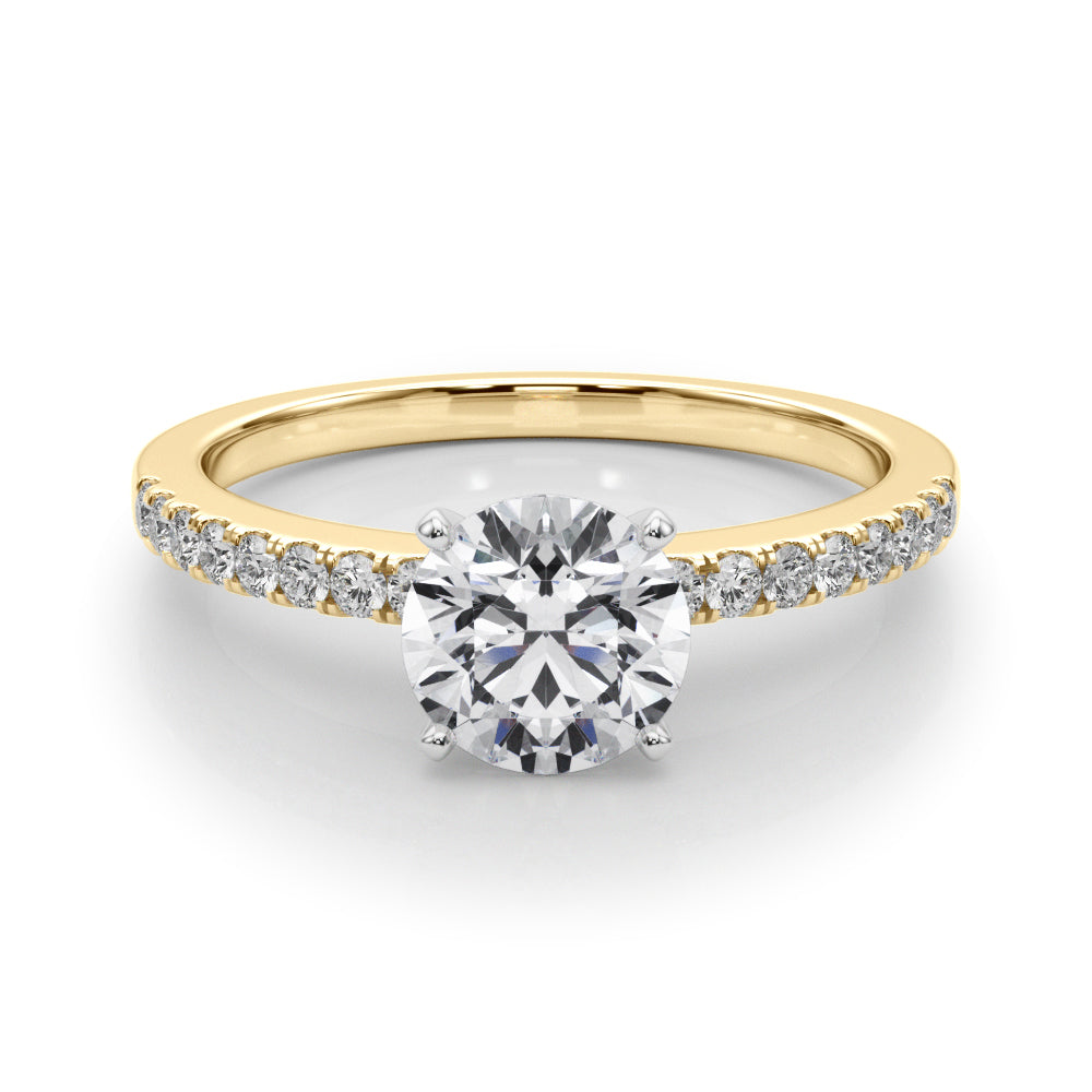 Front overhead view of a yellow gold engagement ring, displaying a brilliant round center diamond