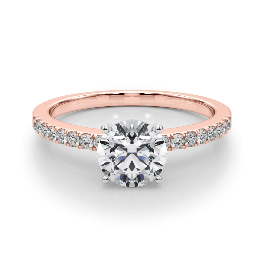 Clear front-facing view of a rose gold round diamond engagement ring with accent diamonds