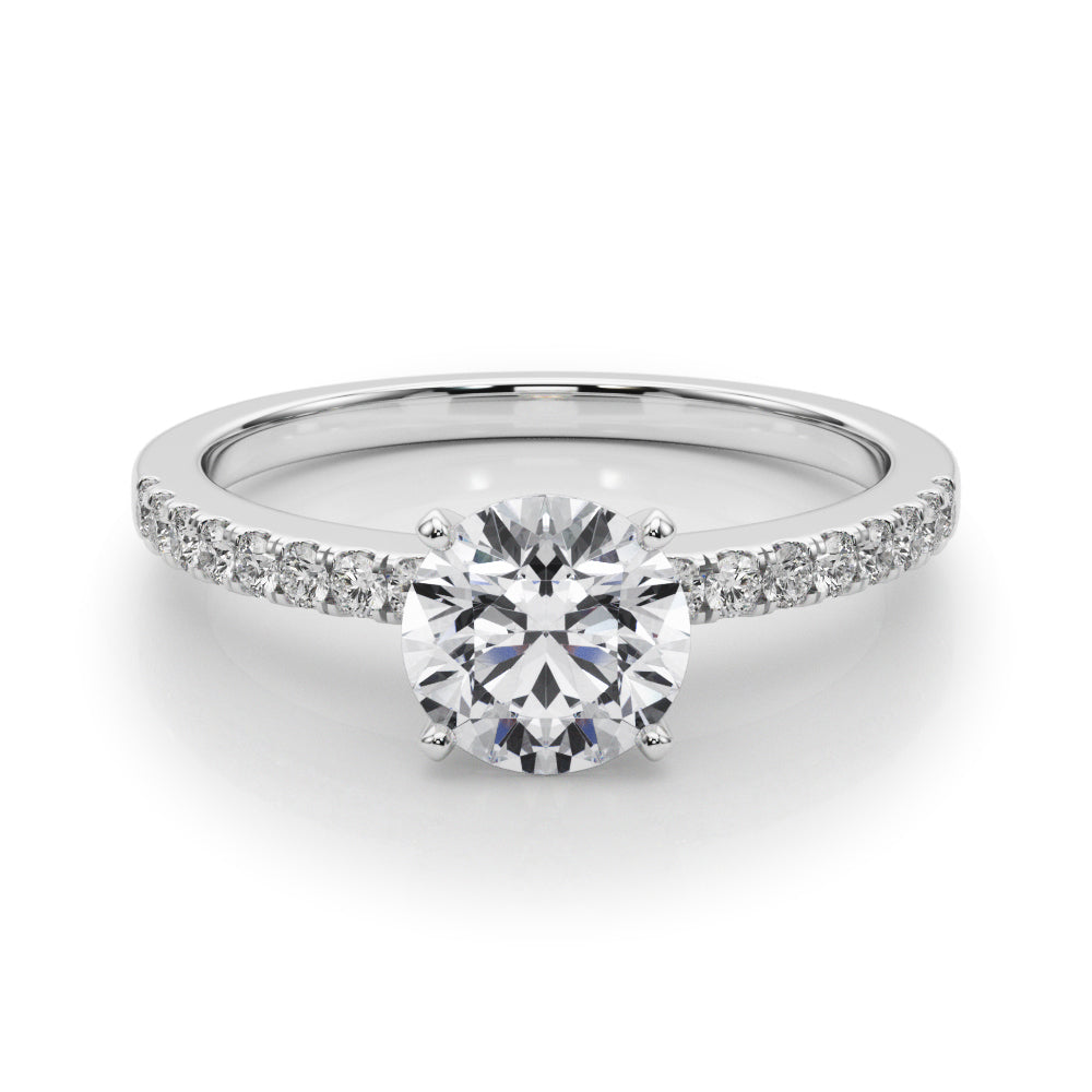 Detailed front overhead shot of a round cut diamond engagement ring,