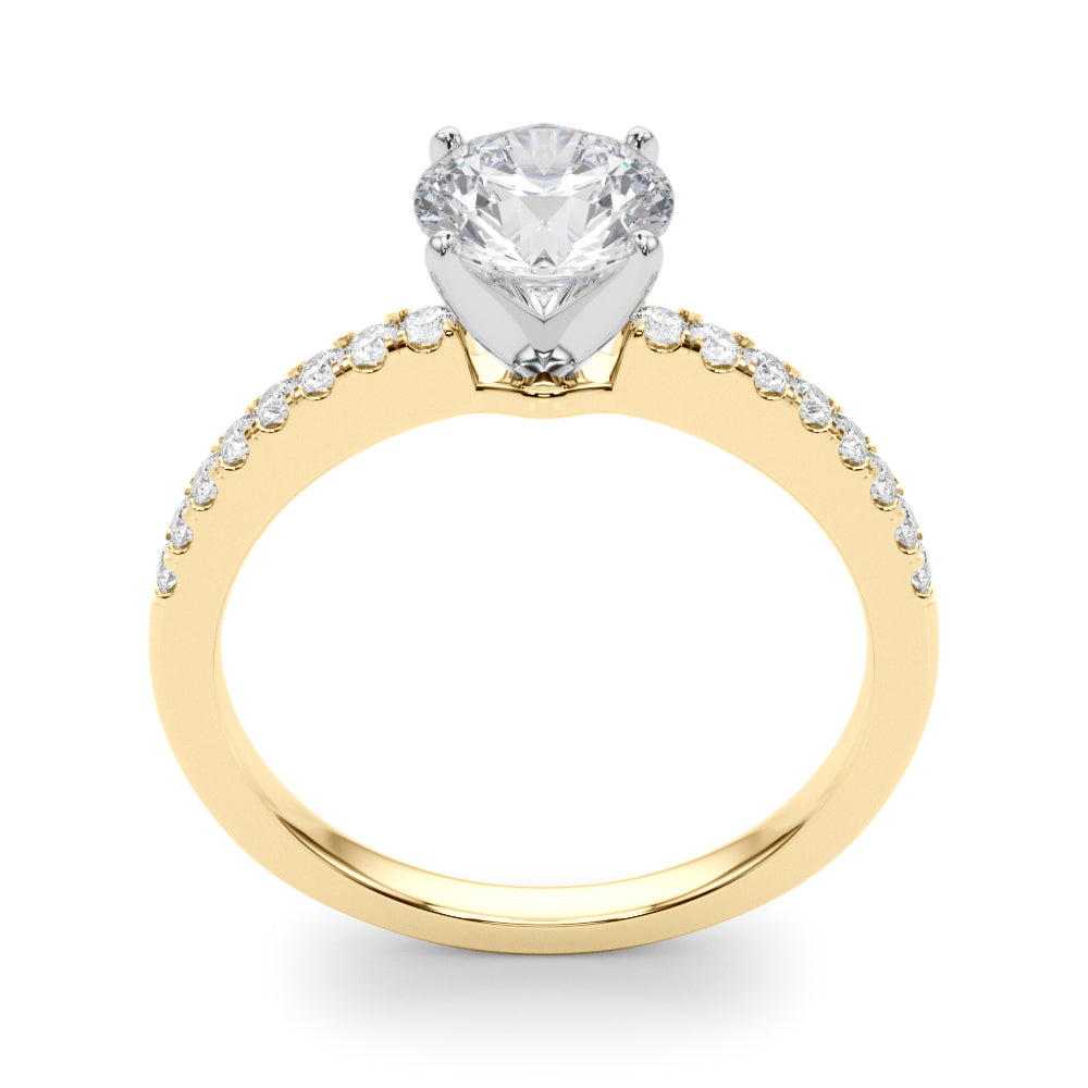 Straight face-on view of a yellow gold round engagement ring highlighting the symmetrical cathedral prong setting.