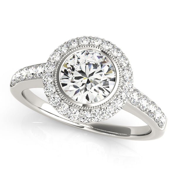 High-resolution angled view of a round brilliant cut diamond halo ring