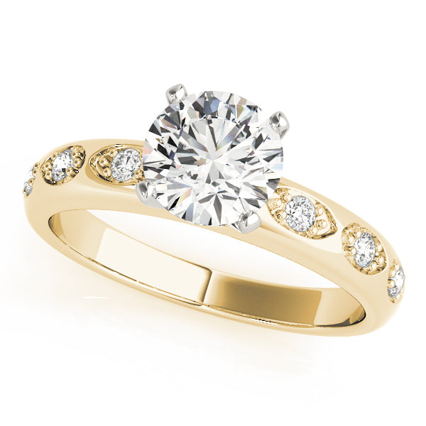 3/4 perspective view of a round-cut lab grown diamond engagement ring
