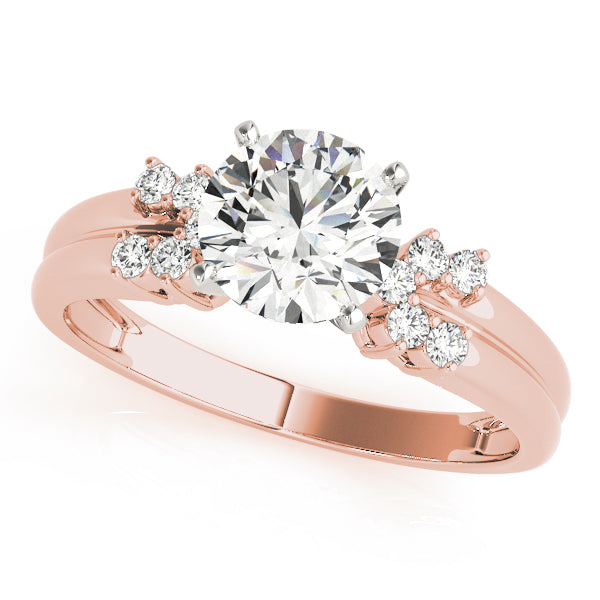 round lab-created diamond ring in 14k rose gold with sparkling side diamond clusters flanking the center stone.