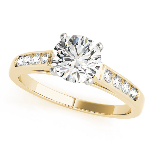 Three-quarter view of a classic round lab grown diamond engagement ring