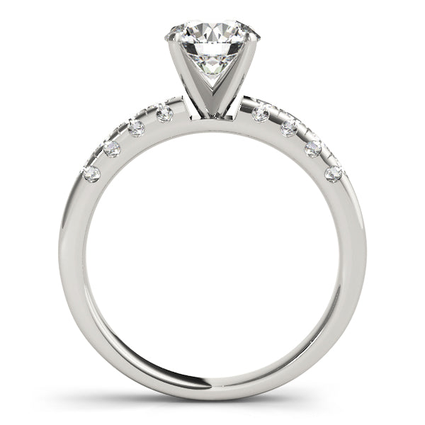 Profile view of a white gold premium solitaire ring with classic open bridge
