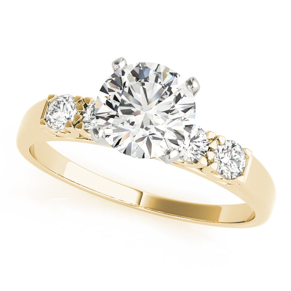 Three-quarter view of a round diamond ring with yellow gold U-cut band