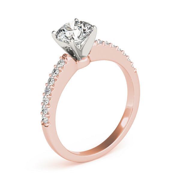 14K rose gold cathedral engagement ring.