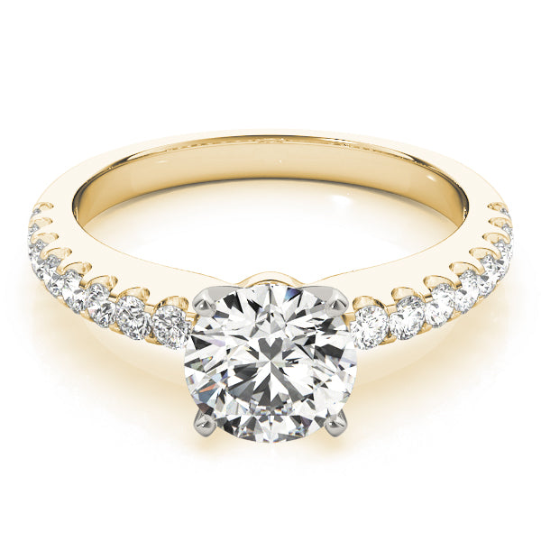 Round lab grown diamond French-cut pave ring in 14K yellow gold.