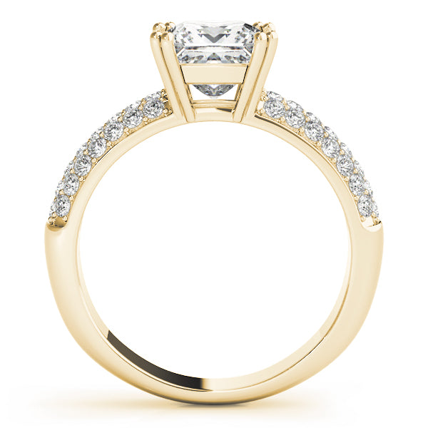 Side profile shot of yellow gold princess cut ring showing the cathedral dome structure.