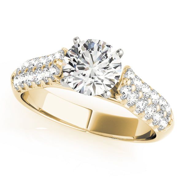 Top angled view of round lab grown diamond double-row pave ring in 14K yellow gold.