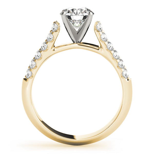 Side profile of yellow gold round ring highlighting the high cathedral setting arch.