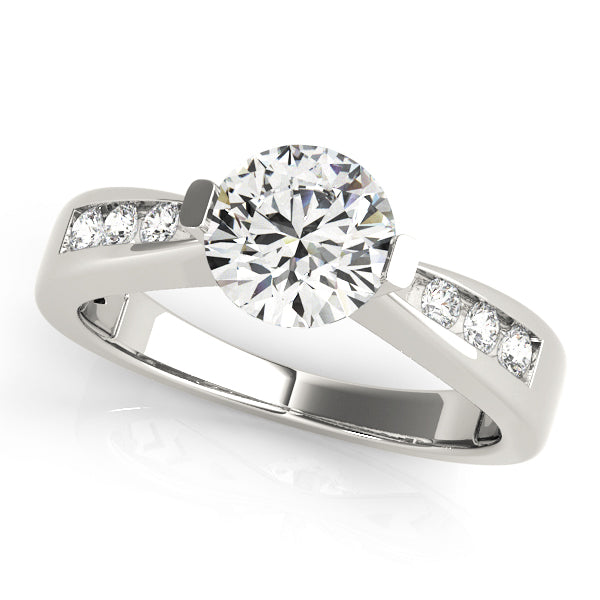 Contemporary round lab created diamond tapering channel ring in 14K white gold.