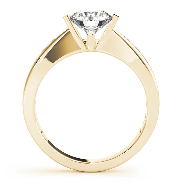 Side profile of yellow gold round ring displaying the elegant channel layout and raised setting.