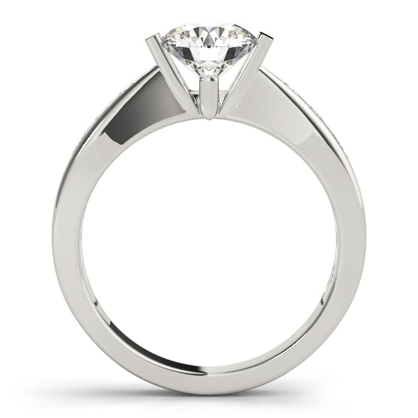 side profile of white gold round solitaire ring with secure accent diamond alignment.