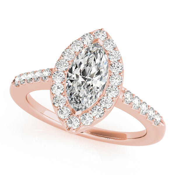 marquise diamond engagement ring with diamond-accented band in 14K rose gold.